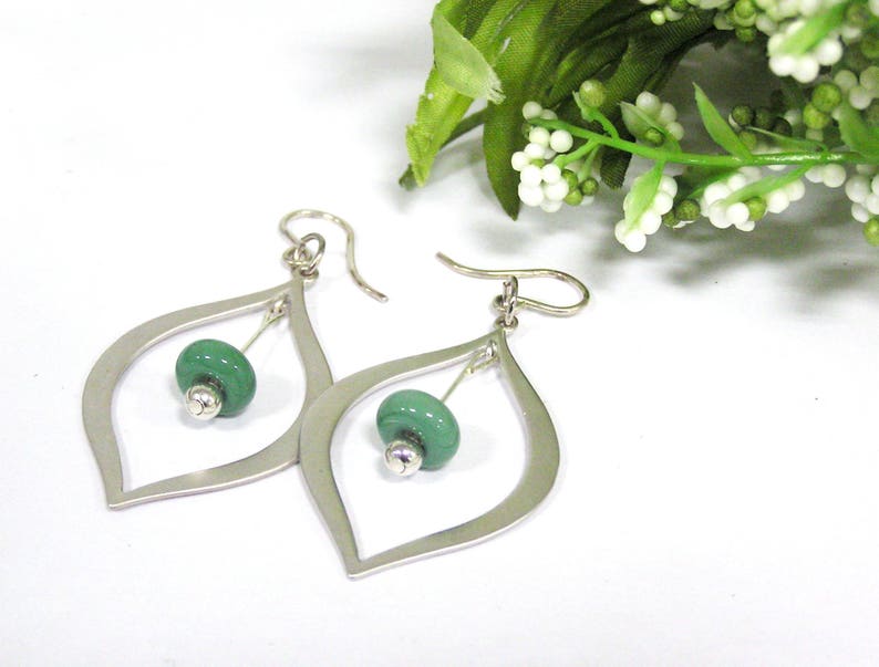 Green Beaded Silver Teardrop Earrings, Green Glass Beaded Jewelry, Lampwork Bead Earrings, Handmade Glass Jewelry Gift for Women image 4