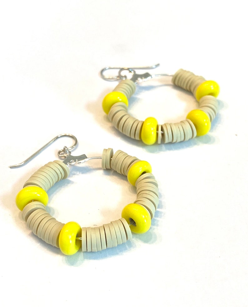 Yellow and Tan Hoop Earrings Sterling Silver, Yellow Glass Bead Jewelry, Artisan Earrings, Handmade Glass Beaded Earrings, Colorful Jewelry image 3