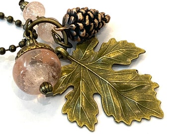 Light Pink Acorn Necklace, Maple Leaf Charm Necklace, Brass Charm Jewelry, Pinecone Necklace, Handmade Acorn Jewelry, Winter Jewelry