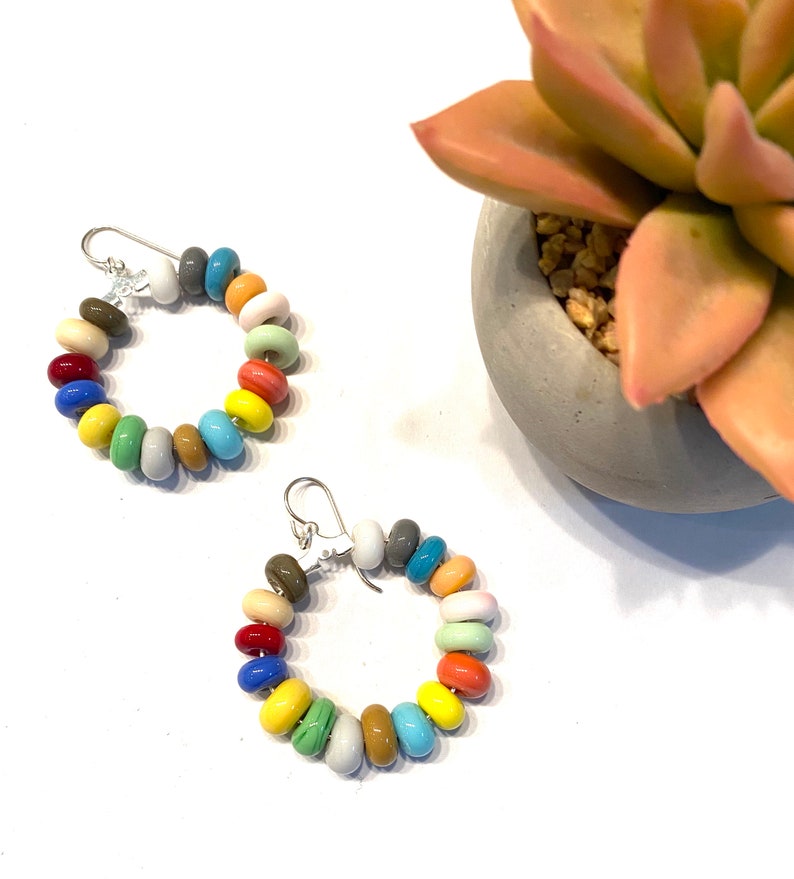 Multicolor Bead Earrings, Handmade Glass Beaded Jewelry Colorful Beaded Hoop Earrings Fun Colorful Earrings for Women Colorful Gift for Her image 2