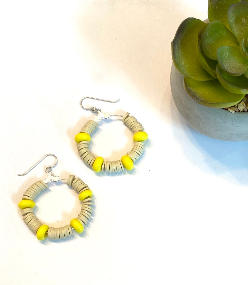 Yellow and Tan Hoop Earrings Sterling Silver, Yellow Glass Bead Jewelry, Artisan Earrings, Handmade Glass Beaded Earrings, Colorful Jewelry image 2