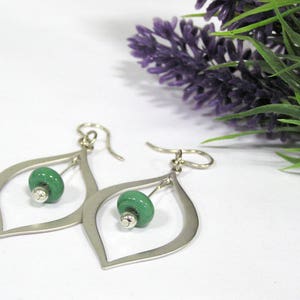 Green Beaded Silver Teardrop Earrings, Green Glass Beaded Jewelry, Lampwork Bead Earrings, Handmade Glass Jewelry Gift for Women image 5