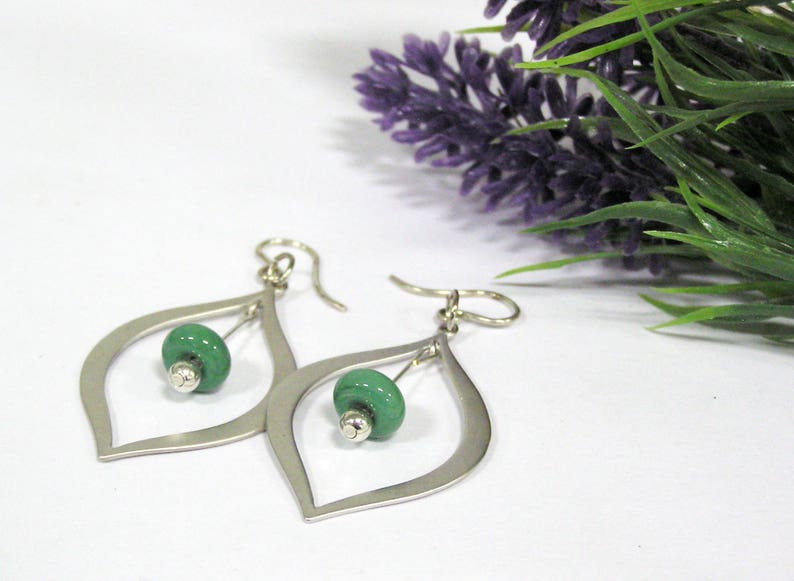 Green Beaded Silver Teardrop Earrings, Green Glass Beaded Jewelry, Lampwork Bead Earrings, Handmade Glass Jewelry Gift for Women image 5