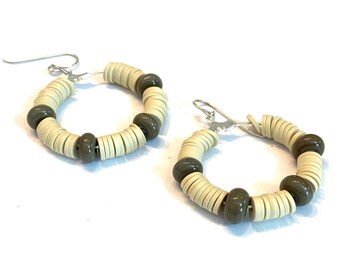 Tan Brown Earrings Hoops, Neutral Color Hoop Earrings Sterling Silver, Brown Hoops, Lightweight Hoop Earrings, Beige Glass Beaded Earrings