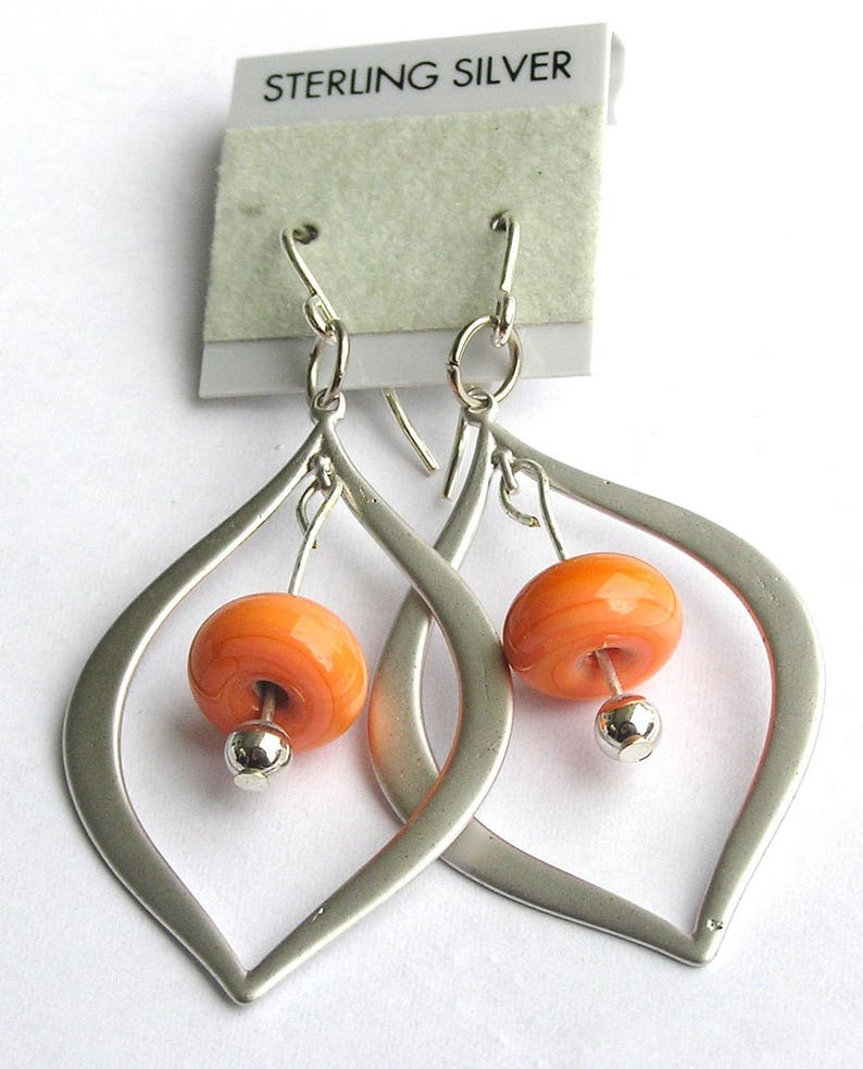 Coral orange glass lampwork beaded silver teardrop earrings with sterling silver ear wire