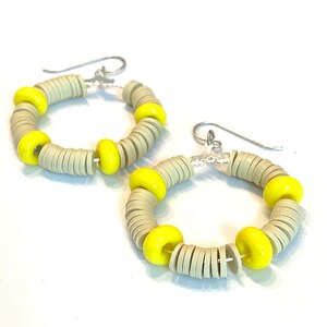 Yellow and Tan Hoop Earrings Sterling Silver, Yellow Glass Bead Jewelry, Artisan Earrings, Handmade Glass Beaded Earrings, Colorful Jewelry image 1