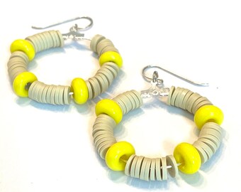 Yellow and Tan Hoop Earrings Sterling Silver, Yellow Glass Bead Jewelry, Artisan Earrings, Handmade Glass Beaded Earrings, Colorful Jewelry