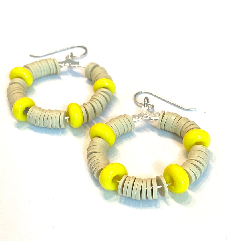 Yellow and Tan Hoop Earrings Sterling Silver, Yellow Glass Bead Jewelry, Artisan Earrings, Handmade Glass Beaded Earrings, Colorful Jewelry image 1