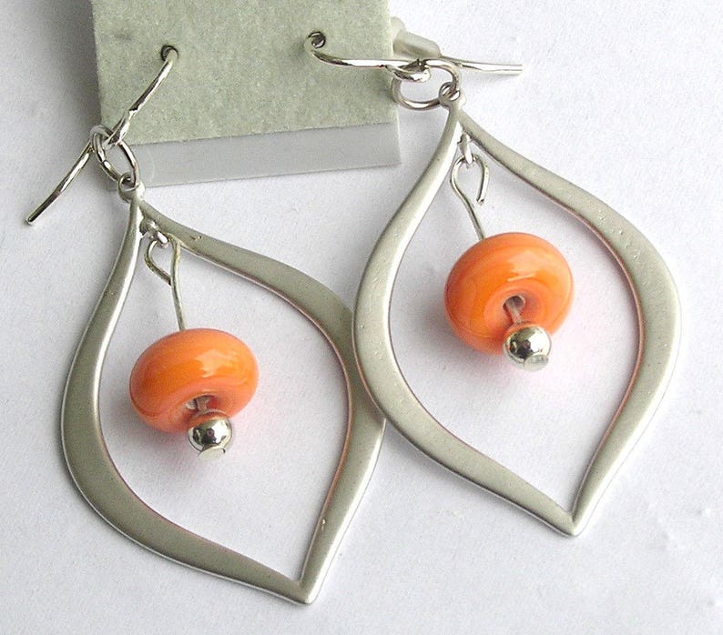 Orange glass beaded teardrop earrings with handmade glass beads