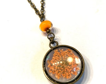 Orange Dried Flower Necklace, Dried Flower Jewelry, Long Orange Necklace, Orange Bead Necklace Handmade, Brass Chain Botanical Necklace