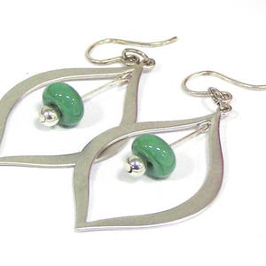 Green Beaded Silver Teardrop Earrings, Green Glass Beaded Jewelry, Lampwork Bead Earrings, Handmade Glass Jewelry Gift for Women image 1