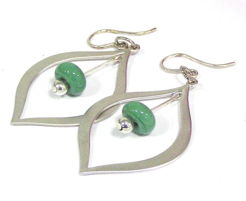 Green Beaded Silver Teardrop Earrings, Green Glass Beaded Jewelry, Lampwork Bead Earrings, Handmade Glass Jewelry Gift for Women image 1