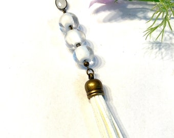 Long White Tassel Necklace, White Glass Beaded Jewelry, Handmade Glass Jewelry, Simple White Necklace, Stocking Stuffer for Her