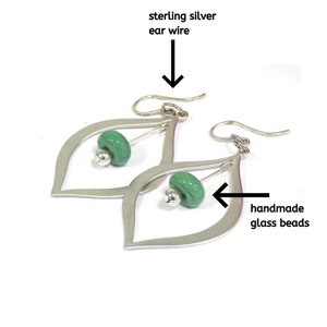Green Beaded Silver Teardrop Earrings, Green Glass Beaded Jewelry, Lampwork Bead Earrings, Handmade Glass Jewelry Gift for Women image 2