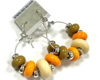 Cream Orange and Mustard Yellow Hoop Earrings, Large Bead Earring, Handmade Glass Jewelry, Off White Earring, Cream Jewelry Big Bead Earring