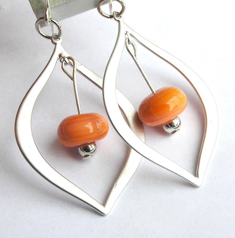 Coral orange glass beaded silver teardrop earrings