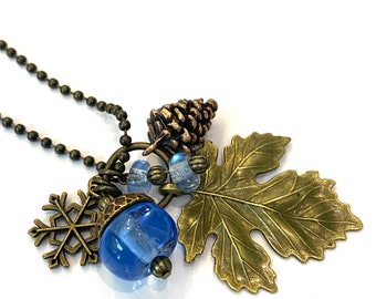 Blue Glass Acorn Necklace, Snowflake Charm Necklace, Pinecone Necklace, Acorn Jewelry Maple Leaf Necklace Fall Jewelry Winter Charm Necklace