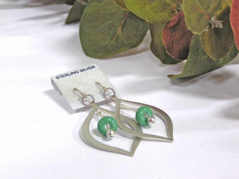 Green Beaded Silver Teardrop Earrings, Green Glass Beaded Jewelry, Lampwork Bead Earrings, Handmade Glass Jewelry Gift for Women image 6