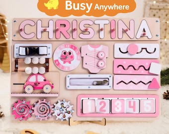 Personalized Wooden Busy Board – Montessori Activity Board for Toddlers | Sensory Learning Toy | Baby Shower or First Birthday Gift