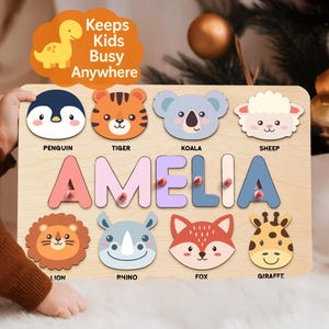 Custom Animal Name Puzzle for Kids, Montessori Baby Learning Toy, Personalized Wooden Puzzle, 1st Birthday Gift, Christmas Toddler Toy