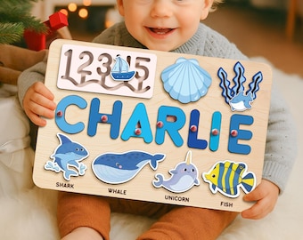 Name Puzzle With Animals, Ocean Nursery Decor, Toddler Montessori Toys, First Birthday Gift, Wooden Educational Toy, Custom Baby Shower Gift