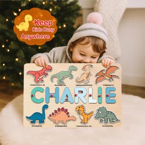 Custom Dinosaur Name Puzzle, Montessori Toddler Toy, Personalized Wooden Puzzle for Kids, Baby Gift, First Birthday & Christmas Present