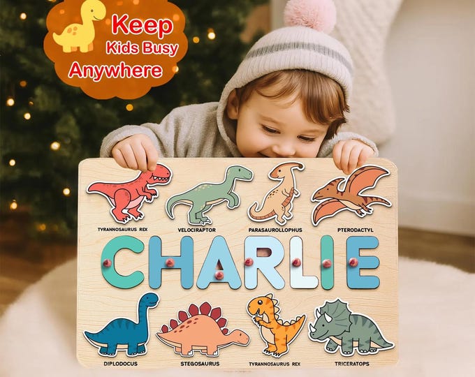 Custom Dinosaur Name Puzzle, Montessori Toddler Toy, Personalized Wooden Puzzle for Kids, Baby Gift, First Birthday & Christmas Present