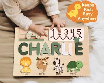 Custom Name Puzzle for 1 Year Old, Personalized Wood Toy with Animals, First Birthday Gift, Baby Keepsake, Montessori Toy, boy Toddler Gift