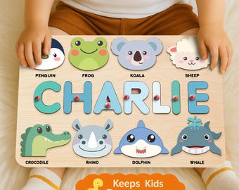 Personalized Animal Name Puzzle, Montessori Wooden Toy for Toddlers, Custom Baby Gift, 1st Birthday Present, Christmas Kids Gift