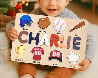 Personalized Baseball Name Puzzle for Baby Boys, Custom Wooden Toy, Toddler Learning 1st Birthday Gift, Baby Shower Gift, Nursery Decor