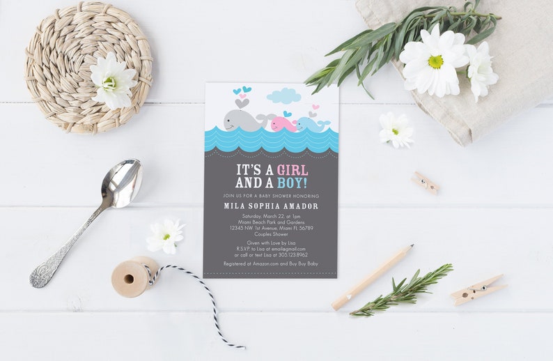 Whale Theme Baby Shower Invitation Twins Boy And Girl Baby Etsy Whale Theme Baby Shower Invitation Twins Boy And Girl Baby Etsy