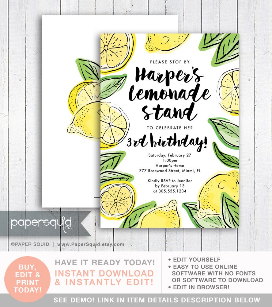 Editable Lemon Birthday Invitation Lemonade Stand Invitation | Etsy