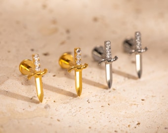Titanium Dagger Stud Earring, Internally Threaded Labret