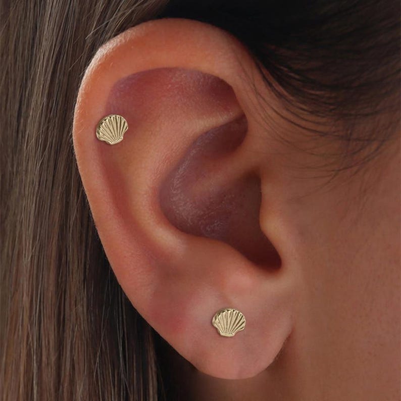 May include: Two small, gold-colored seashell stud earrings are visible on an ear. The earrings are placed on the upper and lower ear cartilage. The earrings have a detailed, fan-like design.