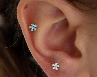 Blue Flower Titanium Labret, Internally Threaded, Helix Conch Earring