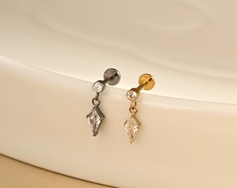 CZ Dangle Internally Threaded Labret, Titanium Conch Earring, Helix Stud