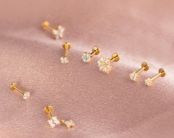 Titanium Flower Stud Earring Set, Cubic Zirconia, 16G/18G