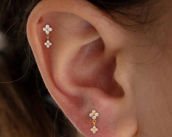 Dainty Flower Dangle Labret, Titanium Tragus Stud, Helix Piercing