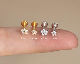 18G/16G Five-Petal Flower Stud Earrings,Internally threaded,Flat Back Earring,Tragus Stud,Helix Conch Stud,Cartilage,Birthday Gift For Her