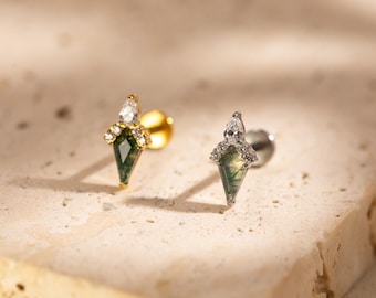 Kite Cut Moss Agate Titanium Labret, Internally Threaded Tragus Stud