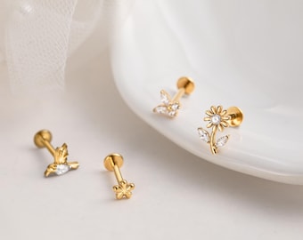 Flower Cartilage Stud, 16G/18G, Cubic Zirconia, Titanium Screw Back
