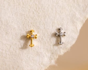 Dainty Cross Labret Stud: 18G/16G Titanium Internally Threaded Earring