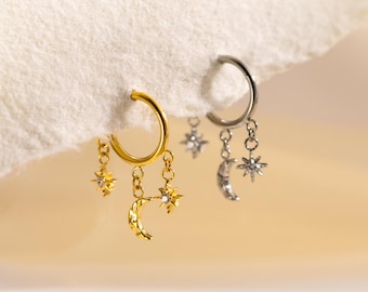 16G Star and Moon Dangle Internally Hoop,Daith/Rook/Conch/Conch Hoop ,Nose Ring,Cartilage Hoop,Hypoallergenic Hoop