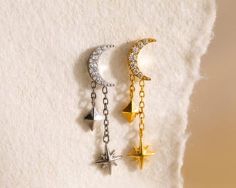 Brinco Labret Lua e Estrela, Titânio, Rosca Interna, Base Plana