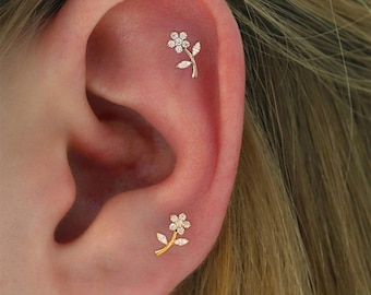 Titanium Flower Labret, CZ Cartilage Stud, Helix Tragus Piercing