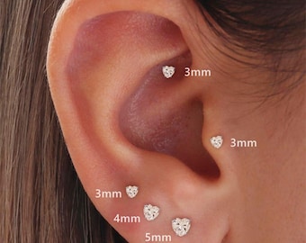 18G/16G Cz Heart Internally Threaded Labret,Tragus Stud,Flat Back Stud,Helix Stud,Cartilage Stud,Tiny Stud Earrings
