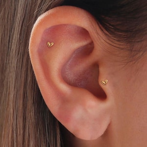 May include: Close-up of an ear with two small, gold heart-shaped earrings. The earrings are positioned in the upper and lower cartilage of the ear. The skin tone is light, and the hair is a light brown color.
