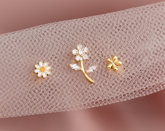 Flower Stud Earrings Set, Titanium Internally Threaded, CZ Tragus Helix Conch
