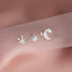 16G/18G Celestial Flat Back Earring Set,Star Cartilage Earrings,Moon Helix Earrings,Tragus Earrings,Conch Earring,Tiny Stud,Star Tragus Stud