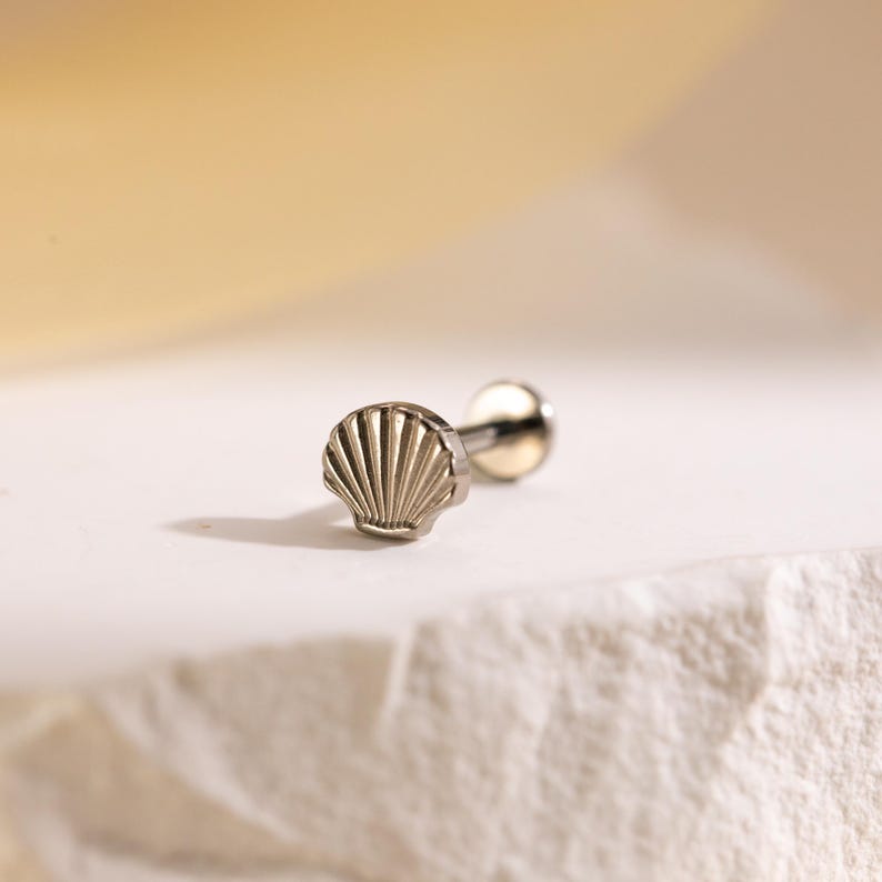 May include: A silver-colored seashell stud earring. The earring features a detailed seashell design on the front and a post with a round backing. The earring is set against a neutral background.